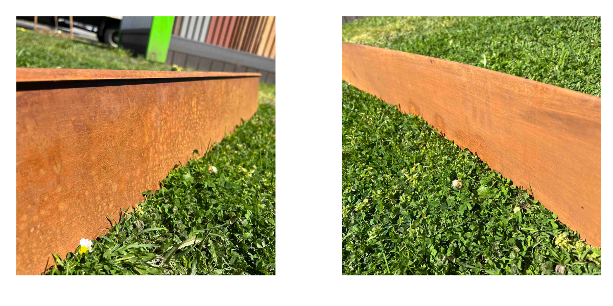 Inner and oter views of the safe edge corten steel edging installed as a garden divider.