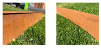 Inner and oter views of the safe edge corten steel edging installed as a garden divider.