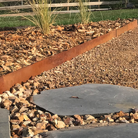 Close-up of weathered steel edging installed to create a clean, defined boundary between a mulched yard and a decorative stone path.