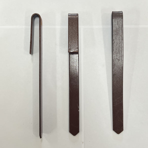 Different views of the 40mm x 280mm  metal garden edge peg placed side by side on a white background.